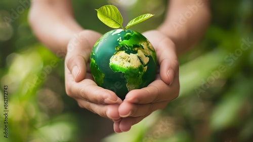 Hands gently supporting a miniature green Earth, symbolizing care for the planet