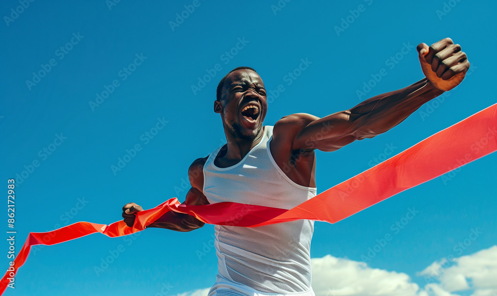 A happy black man crossing the finish line of an athletic race