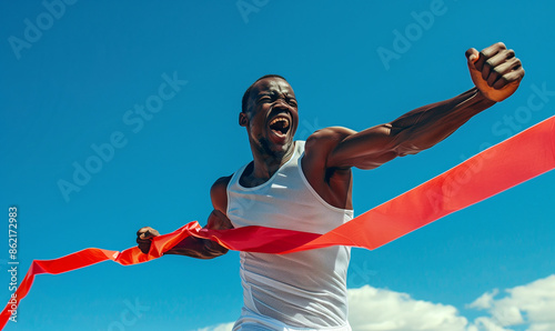 Obraz na płótnie A happy black man crossing the finish line of an athletic race w salonie