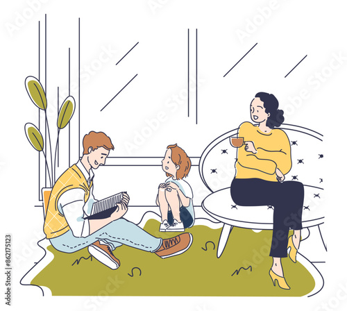 Family sitting in livingroom concept. Father and mother reading book for daughter. Parents with child. Comfort and coziness indoors. Linear flat vector illustration isolated on white background