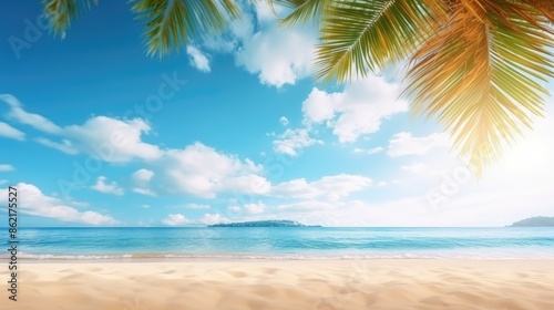Tropical summer sand beach and palm on sea sky background, copy space © ZALA