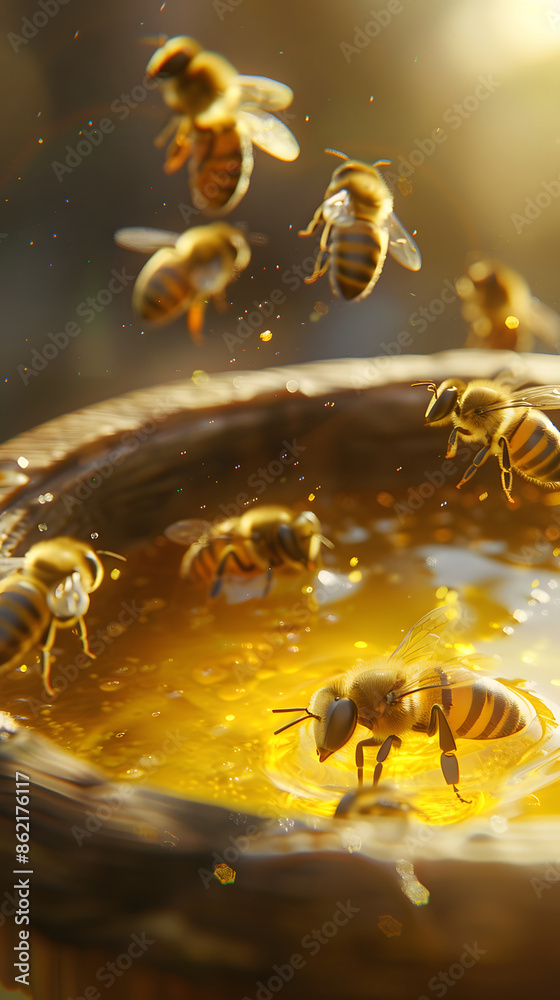 Close up view of the working bees on honey Close up view of the working bees on honey