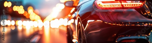 Close-up of a sleek black car's rear with vibrant city lights in the background, highlighting the modern design and urban atmosphere.