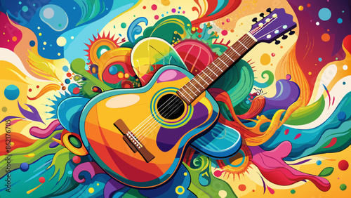 A colorful acoustic guitar with a vibrant abstract background of paint splatters and splashes
