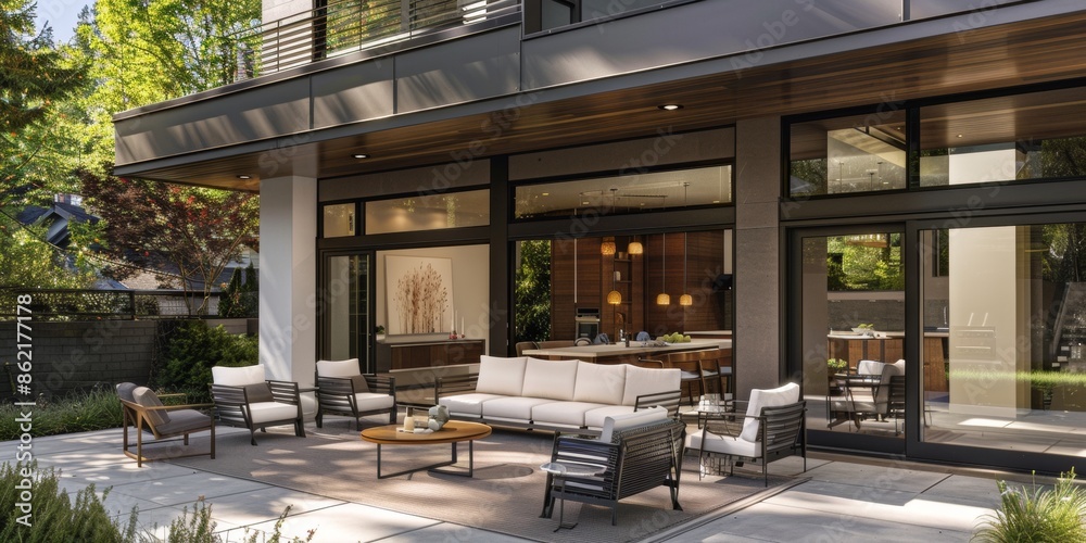 An exterior view of a modern house featuring a patio adorned with stylish furniture, showcasing contemporary suburban living at its finest An exterior view of a modern house featuring a patio adorned with stylish furniture, showcasing contemporary suburban living at its finest