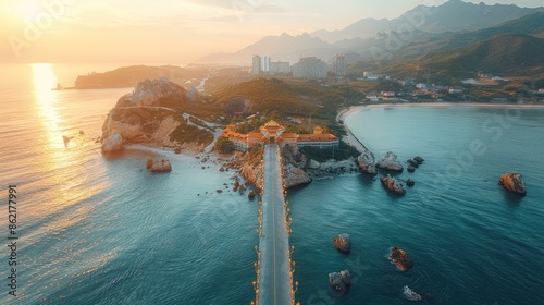 Aerial perspective of the Golden Bridge in Da Nang with hands holding the bridge photo