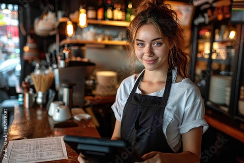 A friendly barista in a white shirt holding a tablet in a cozy café, ready to take orders and serve customers, with warm lighting and various equipment in the background.