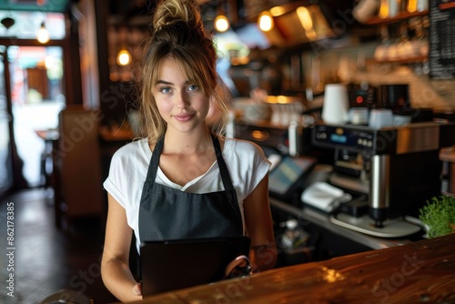 A barista with a friendly expression holding a tablet in a cozy café environment, ready to take orders from customers, with warm and inviting ambiance all around.