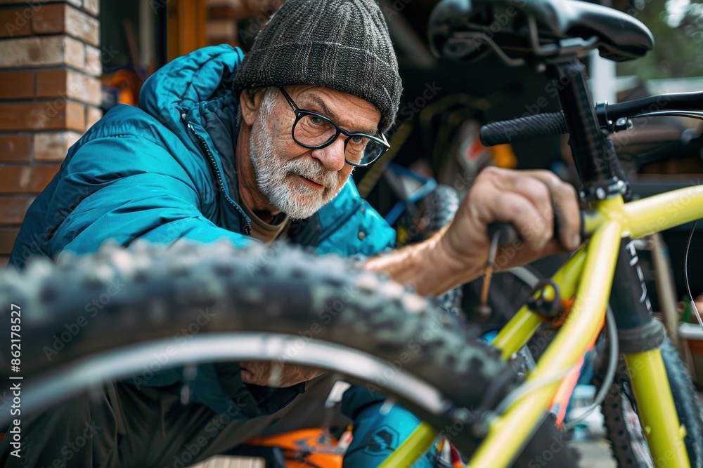 A man dressed in a blue jacket and beanie is fixing a yellow bike, showcasing a scene of hands-on maintenance and focus within an outdoorsy environment full of bikes. A man dressed in a blue jacket and beanie is fixing a yellow bike, showcasing a scene of hands-on maintenance and focus within an outdoorsy environment full of bikes.