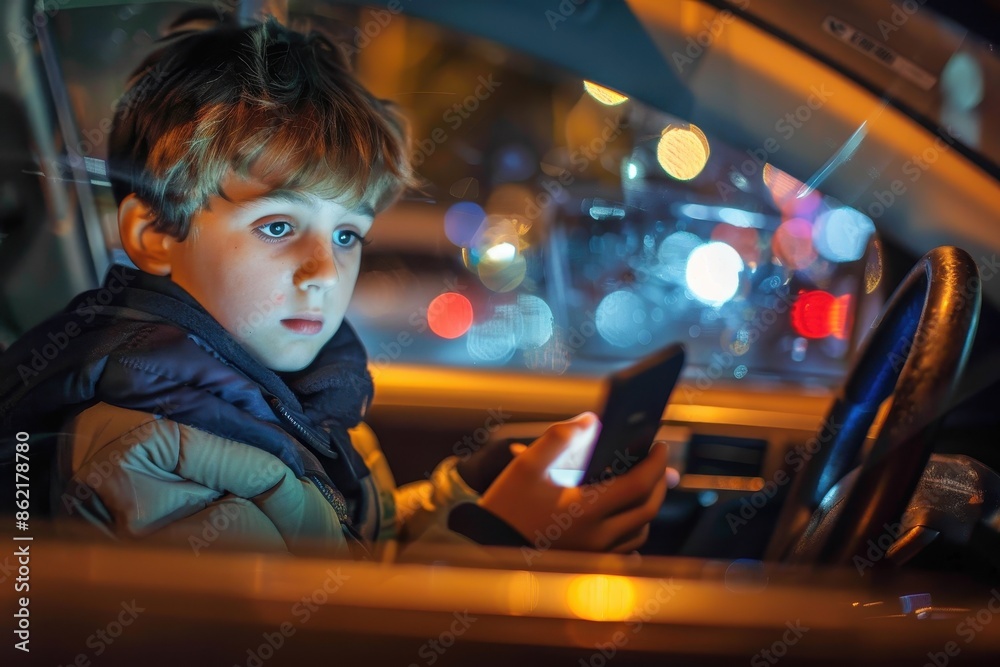 A boy with intense focus on his smartphone sits in a car during twilight, surrounded by glowing city lights and a reflective car window creating a magical atmosphere. A boy with intense focus on his smartphone sits in a car during twilight, surrounded by glowing city lights and a reflective car window creating a magical atmosphere.