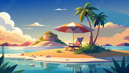 An island in the ocean, the horizon is clear. a small island in the ocean without vegetation, only sand and there is a beach chair under an umbrella from the sun, high quality