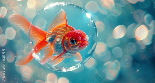 Goldfish Swimming in a Bubble in a Blue Tank