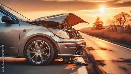 Damaged Car in Sunset Accident: Importance of Car Insurance and Traffic Safety Measures © thoif