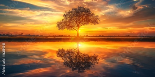 An isolated tree stands resiliently in a landscape bathed in the golden rays of a setting sun, its reflection shimmering in the tranquil water below © Maftuh