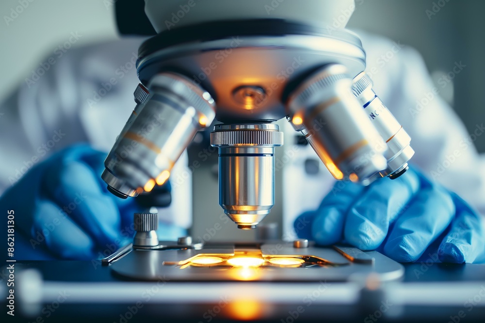 A close-up image of a scientist's hands wearing blue gloves operating a microscope with multiple lit objective lenses, focused on research or lab work. A close-up image of a scientist's hands wearing blue gloves operating a microscope with multiple lit objective lenses, focused on research or lab work.