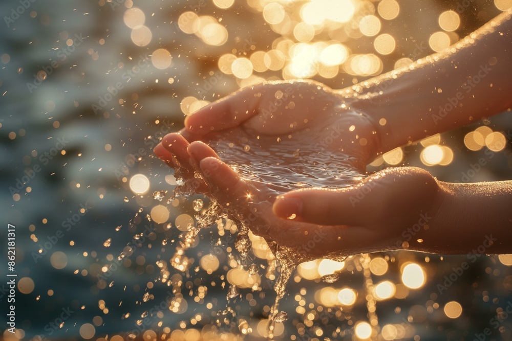 Fototapeta premium Close-up image of water held in cupped hands with sunlight reflecting off the water drops, creating a golden, bokeh effect.