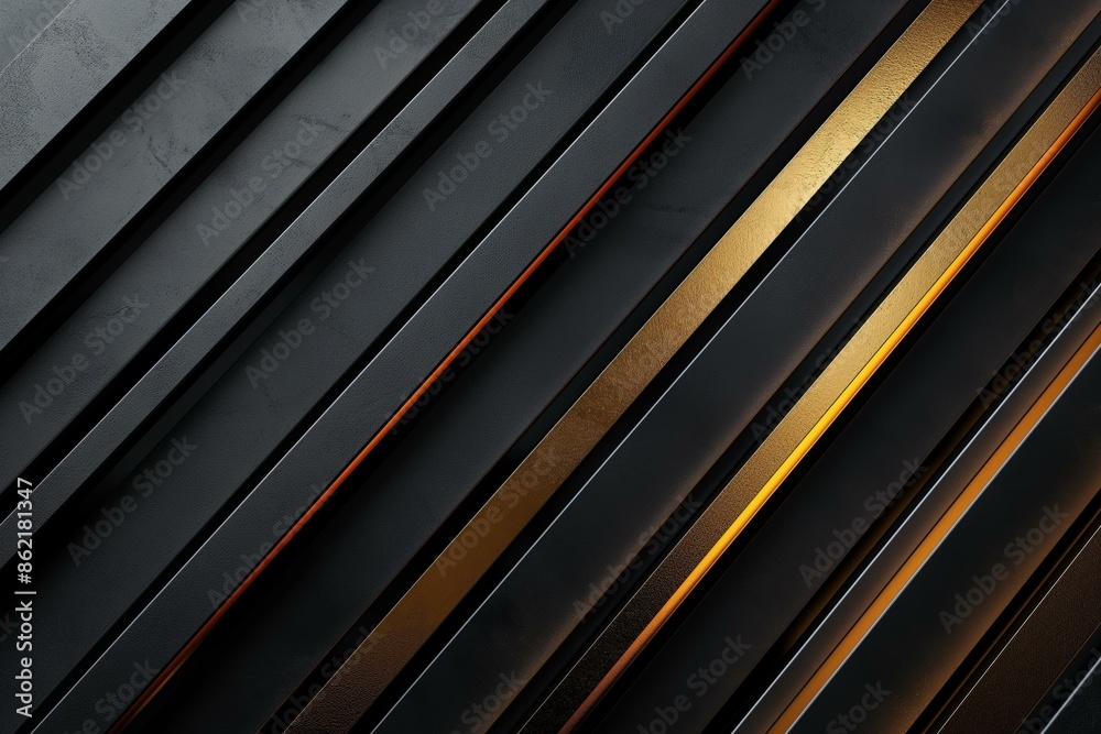 Obraz premium An abstract design showcasing a pattern of diagonal black and gold stripes with varying textures and a sleek, modern look.