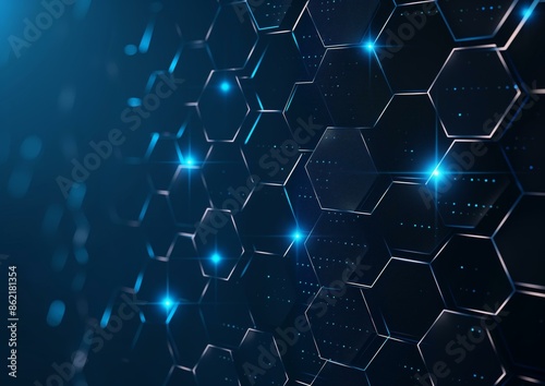 image depicting a blue gradient background with interconnected hexagonal shapes on the right side. The hexagons emit bright blue lights, creating a futuristic and technological feel.