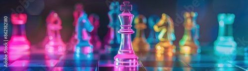 Colorful glowing chess pieces on a board, with a focus on the king. Creative lighting and vibrant colors enhance the strategic game display.
