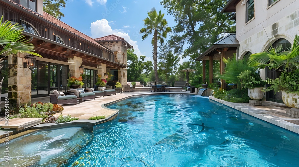 custom made wallpaper toronto digitalBackyard oasis of an extraordinary luxury home, showcasing a magnificent swimming pool with impeccable landscaping