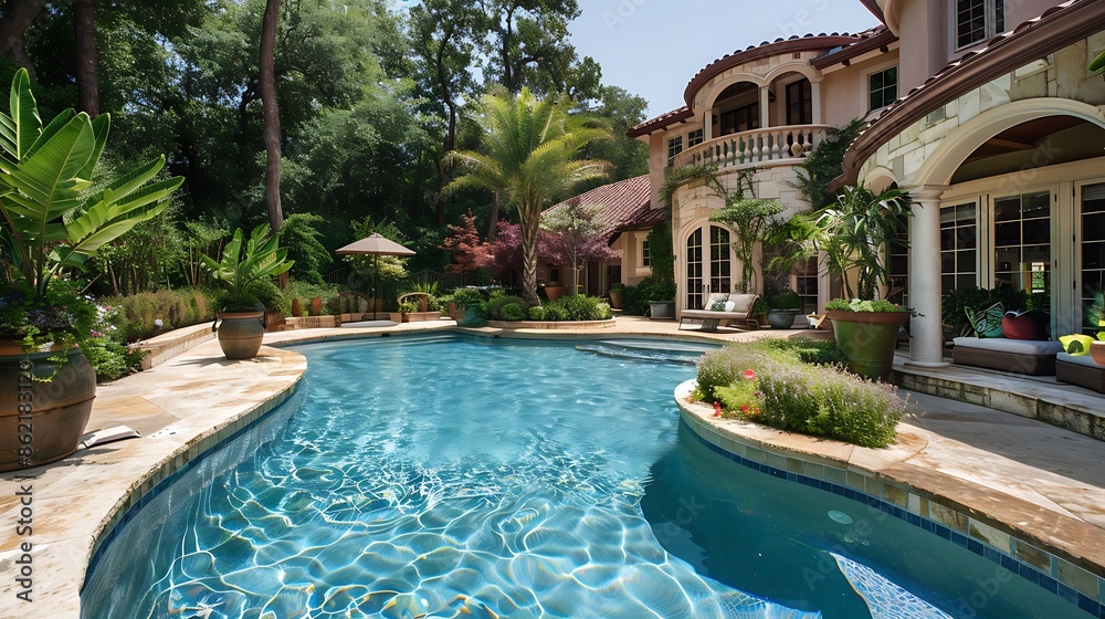 Fototapeta premium Backyard oasis of an extraordinary luxury home, showcasing a magnificent swimming pool with impeccable landscaping