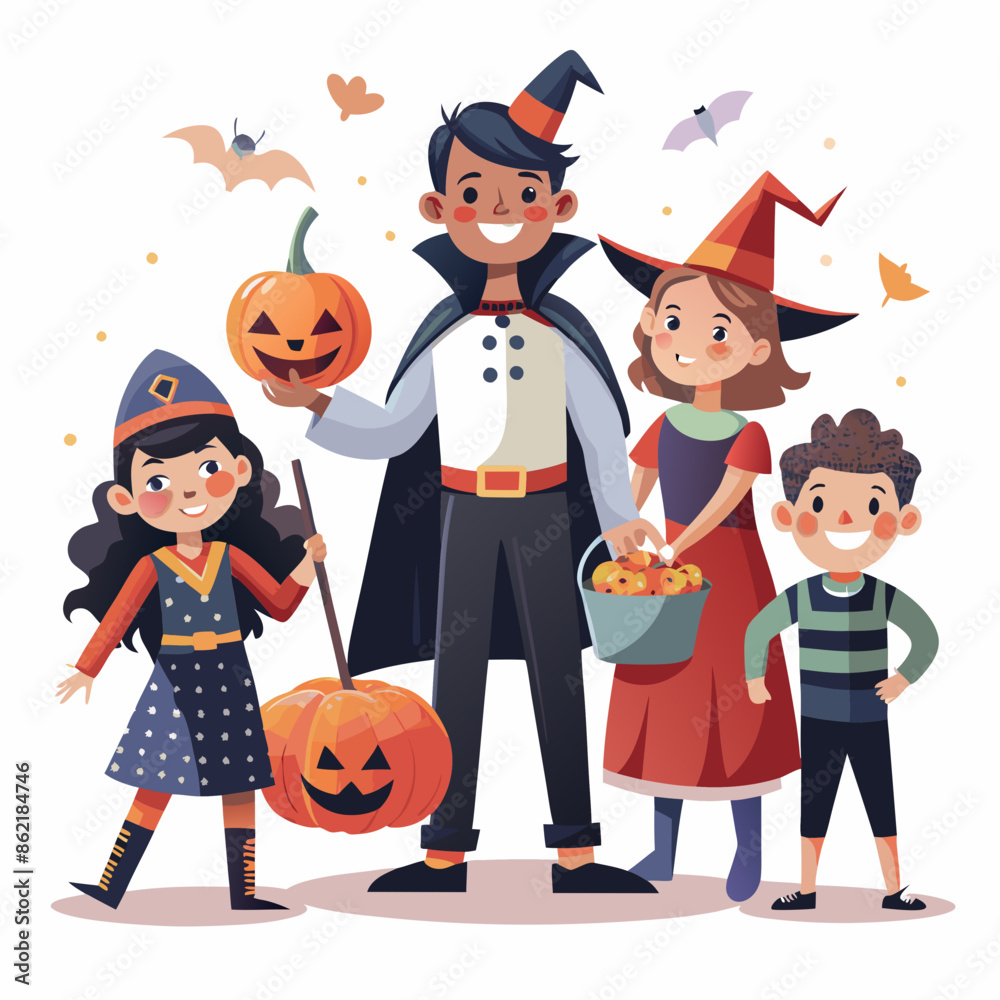 A unique illustration of a group of young children trick-or-treating in Halloween costumes. on a white background A unique illustration of a group of young children trick-or-treating in Halloween costumes. on a white background