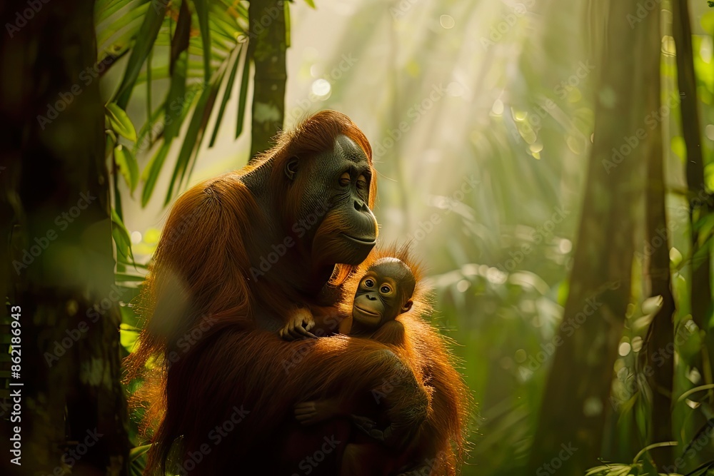 Obraz premium Orangutan Mother and Baby in Jungle