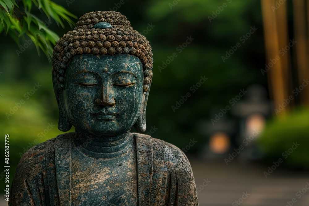 Serene buddha statue in lush green garden Serene buddha statue in lush green garden