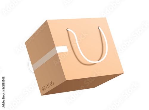 online shopping concept ,brown parcel box or cardboard box with a rope to carry like a shopping bag for delivery concept design, vector 3d isolated on white background for advertising design