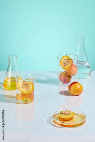 The photo of high angle view at the white table top in laboratory, for advertising products made from peach. A petri dish with yellow fluid placed in front of plenty lab instrument and fresh peaches