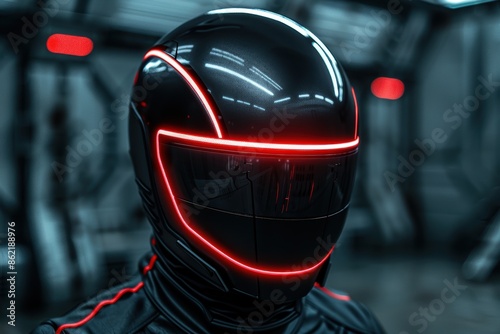 futuristic motorcycle helmet with glowing red accents photo