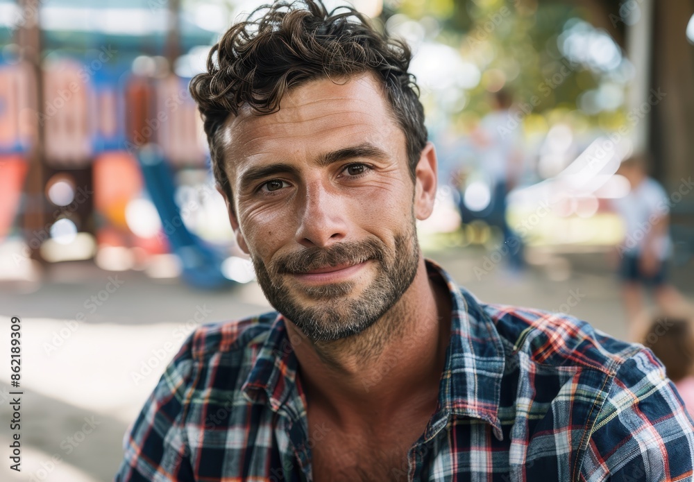 Obraz premium Smiling man with curly hair and beard