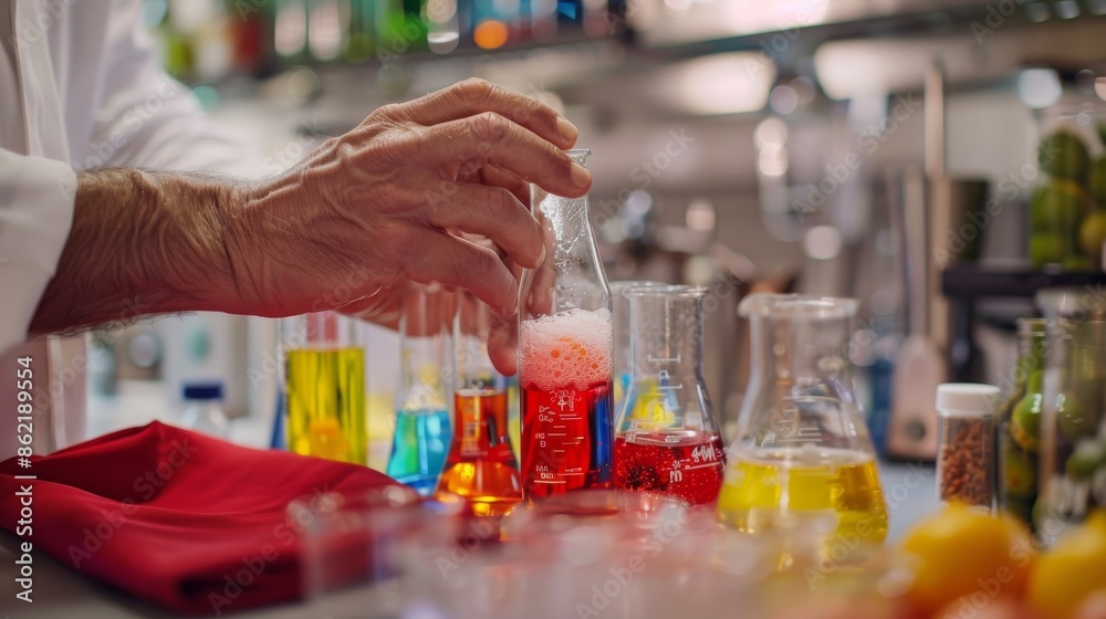 Precision in Experimentation: Close-Up of Hands Holding Beakers with Colored Liquids in a Professional Laboratory Setting Precision in Experimentation: Close-Up of Hands Holding Beakers with Colored Liquids in a Professional Laboratory Setting