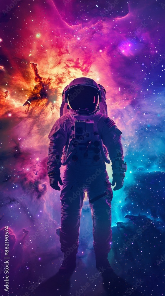 A lone astronaut in a classic pop art pose, silhouetted against a vibrant nebula A lone astronaut in a classic pop art pose, silhouetted against a vibrant nebula