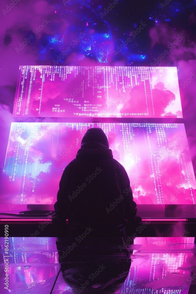 Obraz premium A dark figure hunched over a keyboard in a dimly lit room, their face reflected in a monitor filled with cascading code, vaporwave