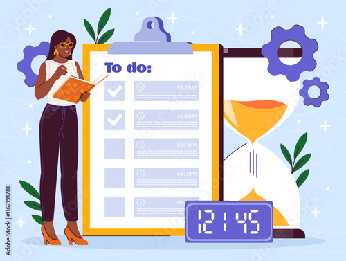 Time management concept. Young girl near to do list with hourglass. Planning and scheduling. Hardworking businesswoman or employee with tasks and goals. Cartoon flat vector illustration