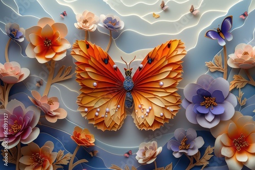 Whimsical paper garden, exquisite butterfly and floral sculptures. crafted with care, illustrating dreams and romance, perfect for banner displays with organic charm