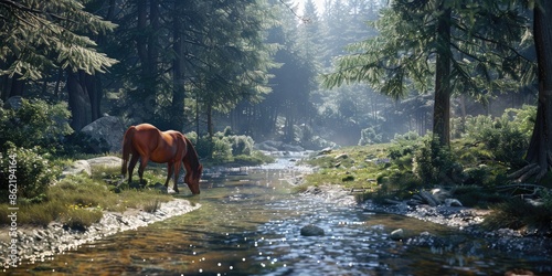 Paint a tranquil scene of a horse bending down to drink from a clear, flowing stream in a forest setting.