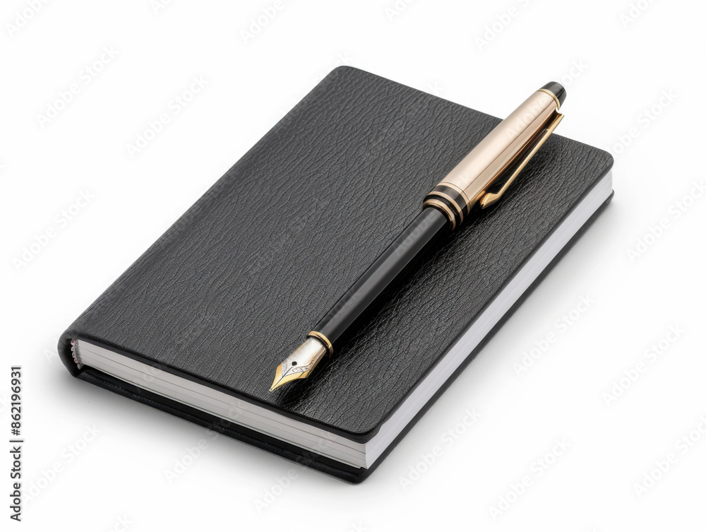 Black notebook with a gold and black fountain pen on a white background. Perfect for writing, journaling, and note-taking.