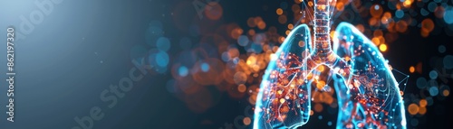 Futuristic digital illustration of human lungs with glowing connections on a dark background, emphasizing healthcare and technology.