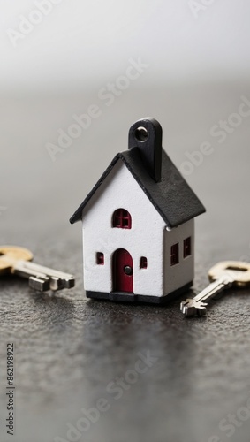 A small white house with a red door sits on a grey surface, flanked by two keys, real estate concept © keystoker