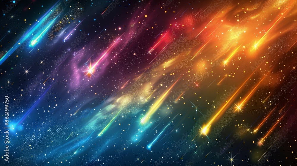 Fototapeta premium Celestial Glow: Abstract Vector Illustration of Glowing Shooting Stars and Colorful Comets on Black Background