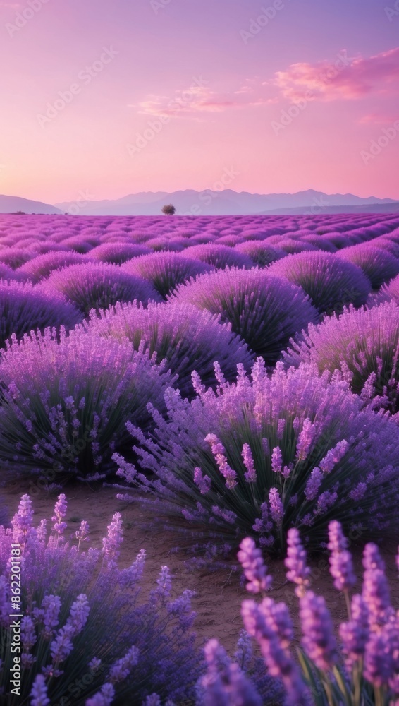 Obraz premium A vast field of lavender flowers under a pastel lavender sky with a mountain range in the distance