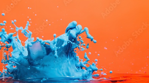 Dynamic blue color splashes against a solid orange background.