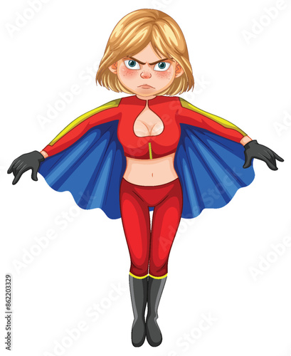 Blonde superhero in red costume with blue cape