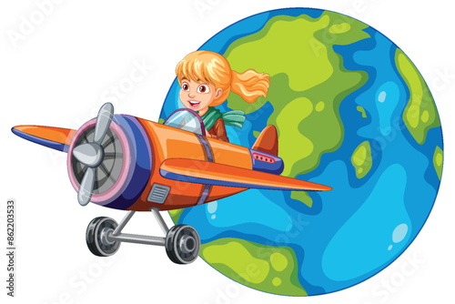 A girl piloting an airplane around Earth