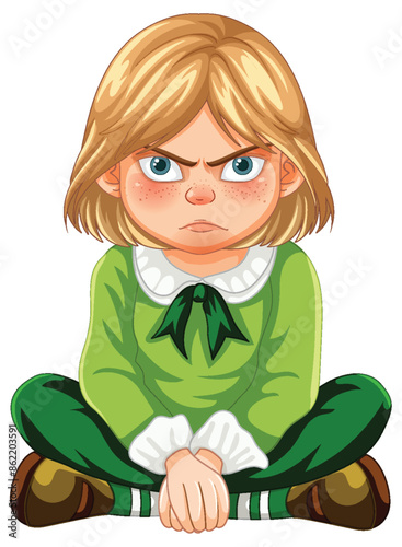 A child with an angry expression sitting cross-legged