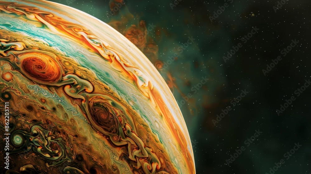 Jupiter's surface in vivid detail, featuring the Great Red Spot and colorful cloud formations Jupiter's surface in vivid detail, featuring the Great Red Spot and colorful cloud formations