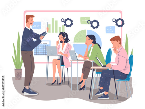 Corporate training concept. Man and woman at conference. Business partners and colleagues. Corporate coach with workers at courses. Motivation and leadership. Linear flat vector illustration
