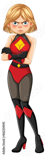 Blonde superhero in red and black outfit